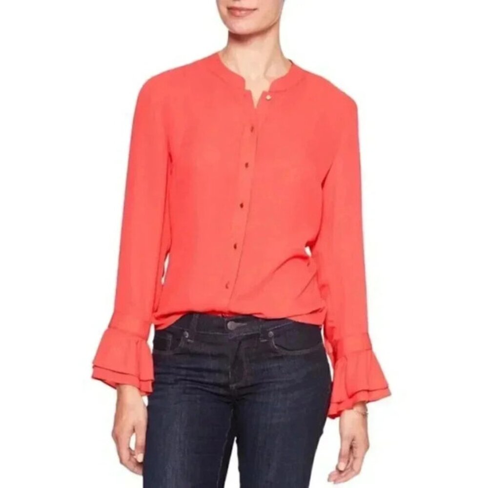 Banana Republic Factory  Ruffle Sleeve Blouse Shirt Gold Buttons Small Petite